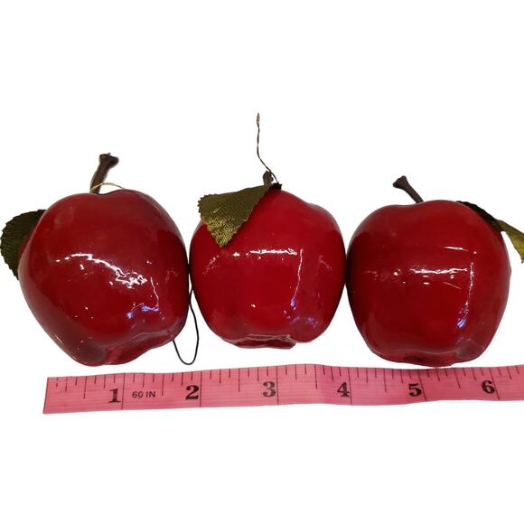 Vintage Red Apple Christmas Ornaments Light Weight Shiny Red Apples Green Silk - Picture 7 of 9